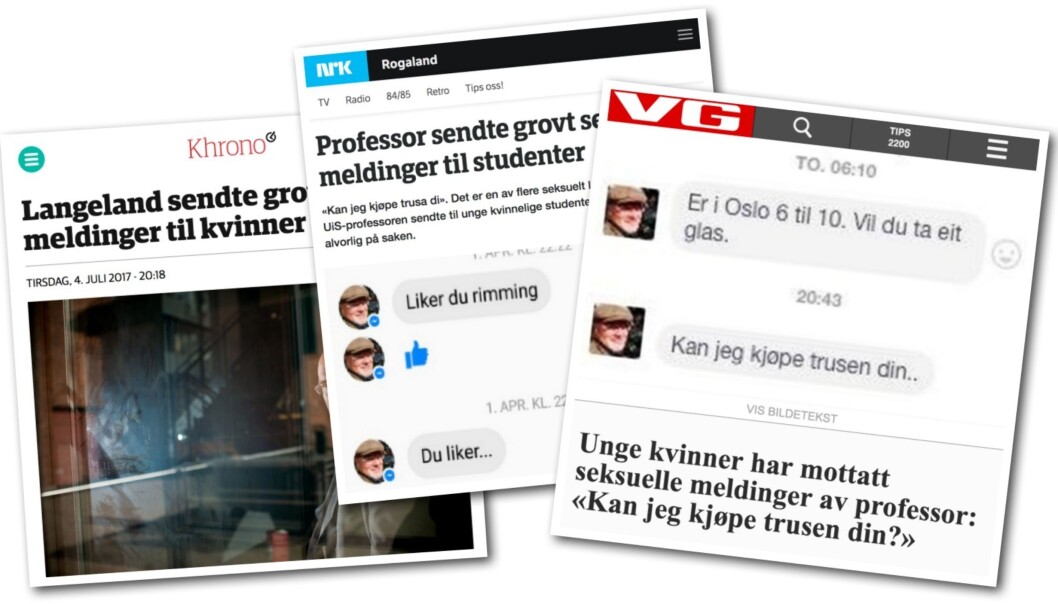 I sommer ble det kjent at professor Nils Rune Langeland hadde sendt en rekke grove meldinger til yngre kvinner. Faksimile: Medier24 I sommer ble det kjent at professor Nils Rune Langeland hadde sendt en rekke grove meldinger til yngre kvinner. Faksimile: Medier24