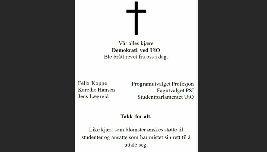Denne annonsen delte Studentparlamentet ved Universitetet i Oslo på sin Facebook-side. — Vi har stor takhøyde for debatt på Universitetet i Oslo, så dette tåler vi, sier rektor Svein Stølen.