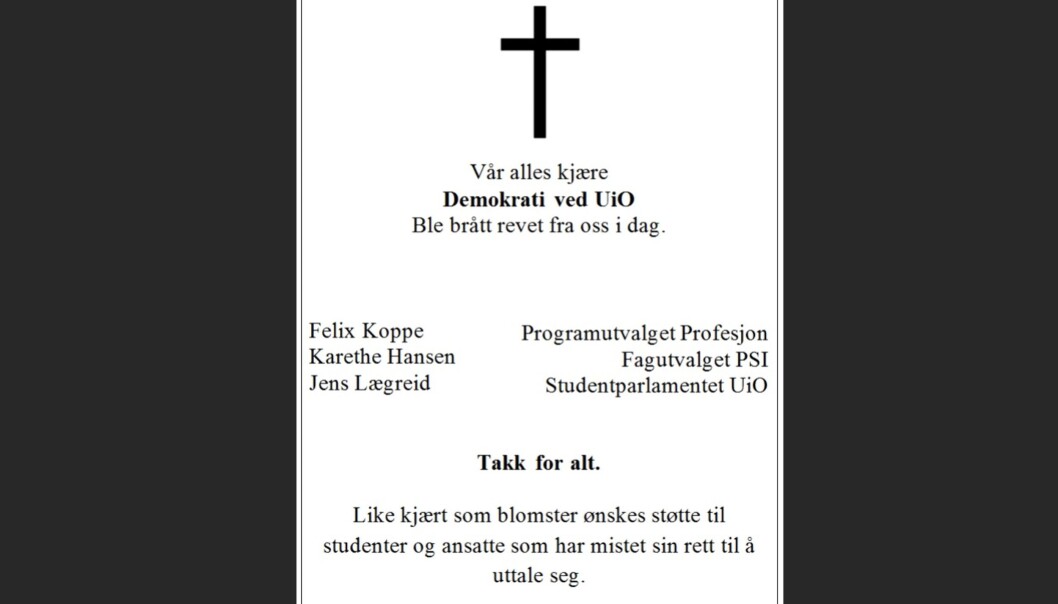 Denne annonsen delte Studentparlamentet ved Universitetet i Oslo på sin Facebook-side. — Vi har stor takhøyde for debatt på Universitetet i Oslo, så dette tåler vi, sier rektor Svein Stølen. Denne annonsen delte Studentparlamentet ved Universitetet i Oslo på sin Facebook-side. — Vi har stor takhøyde for debatt på Universitetet i Oslo, så dette tåler vi, sier rektor Svein Stølen.