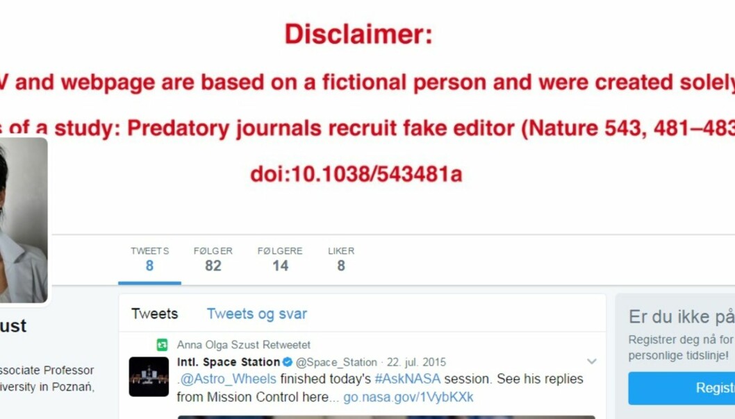 En gruppe forskere ved Universietet i Wroclaw i Polen opprettet denne falske forskeren for å bevise hvor lett det er å bli redaktør i akademiske tidsskrifter. Skjermdump fra Twitter.