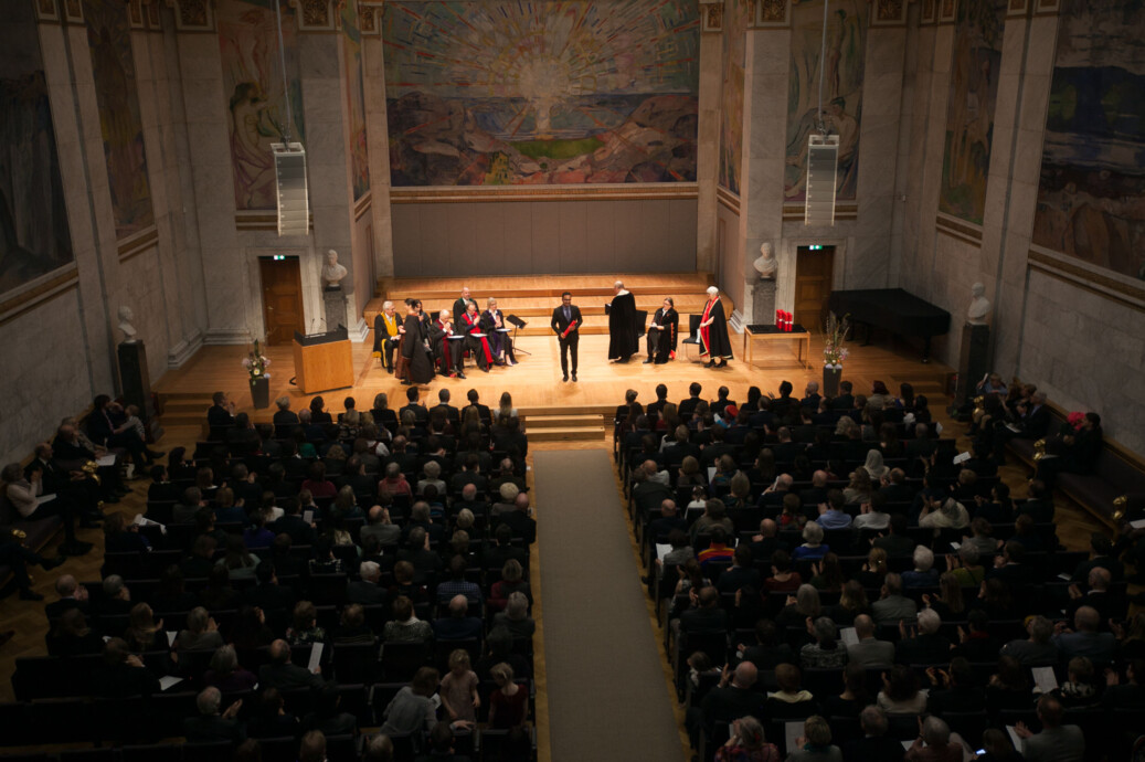 Fra en doktorkreering i Universitetets aula på UiO. Arkivfoto. Fra en doktorkreering i Universitetets aula på UiO. Arkivfoto.