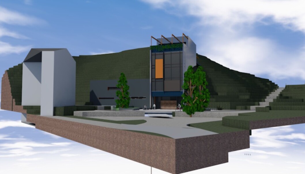 Etter planen skal studenthuset byggast i fem etasjar i den bratte skråninga mellom Fossbygget og Fosshaugane i Sogndal. (Skisse: Arkitektkontoret 4B) Etter planen skal studenthuset byggast i fem etasjar i den bratte skråninga mellom Fossbygget og Fosshaugane i Sogndal. (Skisse: Arkitektkontoret 4B)