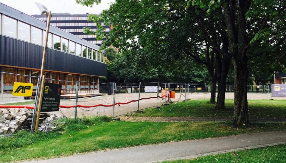 På plakaten på Blindern, Universitetet i Oslo står det: Sofus Bugges hus. Oppgradering av teknisk anlegg og restaurering av verneverdige bygg. Foto: Sofie Vega Wollbraaten