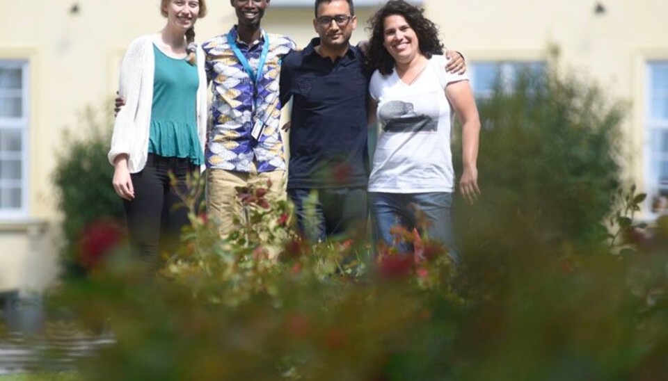 Britta Weber frå USA (t.v.) Ibrahim Bahati frå Uganda Shishir Tapa frå Nepal og Raquel Soto Sanchez frå Mexico skryter masse av Den internasjonale sommarskulen ved UiO.