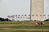 Mennesker på plen foran Washington Monument omgitt av amerikanske flagg