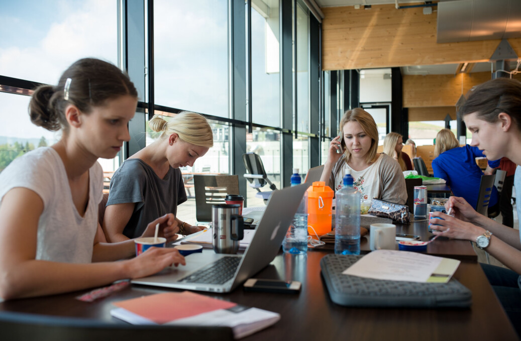 HiOA-studenter bruker fellesområdet utenfor biblioteket på Kjeller som lesesal. Foto: Skjalg Bøhmer Vold HiOA-studenter bruker fellesområdet utenfor biblioteket på Kjeller som lesesal. Foto: Skjalg Bøhmer Vold