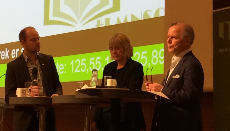 NSO-leder Anders Kvernmo Langset ledet debatten mellom Kristin Clemet og Ole Petter Ottersen på studentenes landsmøte på Lillestrøm.