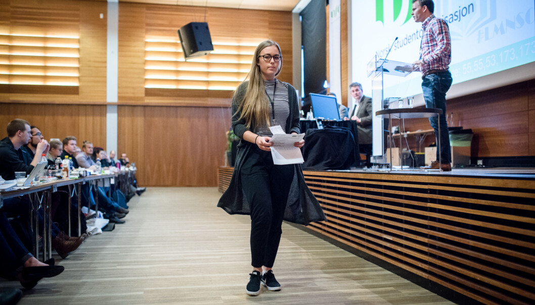 Therese Eia Lerøen, neste leder av Norsk studentorganisasjon, på helgens landsmøte. Foto: Skjalg Bøhmer Vold Therese Eia Lerøen, neste leder av Norsk studentorganisasjon, på helgens landsmøte. Foto: Skjalg Bøhmer Vold
