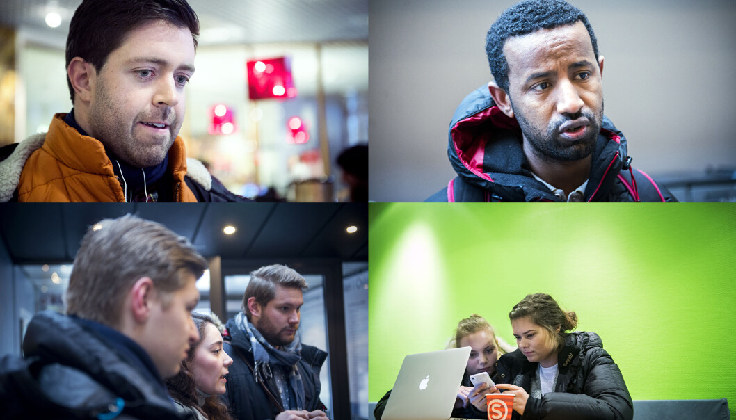 Jeff Lugowe (øverst t.v), Alamir Faris Siraj (øverst t.h), Patrik Johansson, Inga Kibsgaard-Petersen og Håkon Torset (nederst t.v) og Emilie Sandvig og Ida Smedstad (nederst t.h) reagerer alle på naziplakaten som ble hengt opp på bønnerommene i P48 og P35 på mandag. Foto: Cicilie S. Andersen Foto: Cicilie S. Andersen Jeff Lugowe (øverst t.v), Alamir Faris Siraj (øverst t.h), Patrik Johansson, Inga Kibsgaard-Petersen og Håkon Torset (nederst t.v) og Emilie Sandvig og Ida Smedstad (nederst t.h) reagerer alle på naziplakaten som ble hengt opp på bønnerommene i P48 og P35 på mandag. Foto: Cicilie S. Andersen Foto: Cicilie S. Andersen