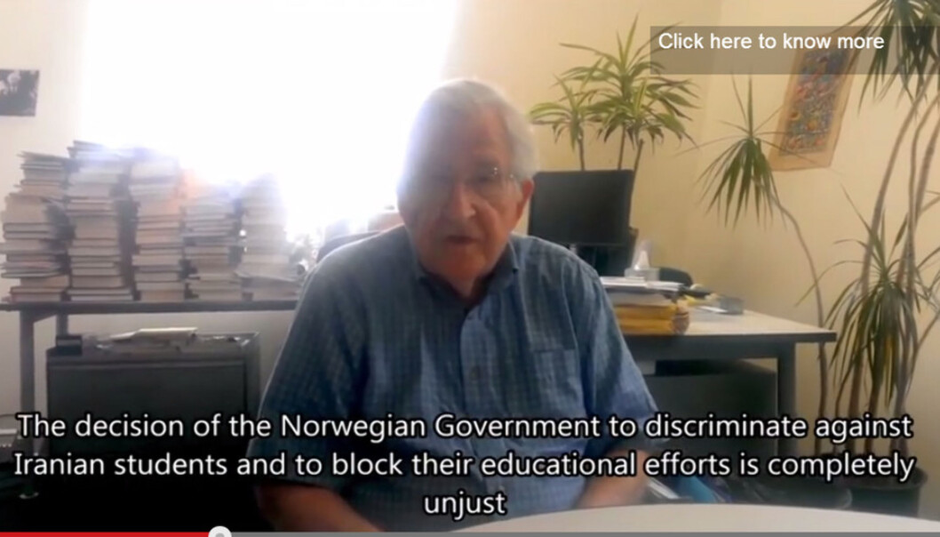 Noam Chomsky snakker om norsk utestenging av studenter fra Iran i video på youtube. FOTO: Youtube Noam Chomsky snakker om norsk utestenging av studenter fra Iran i video på youtube. FOTO: Youtube
