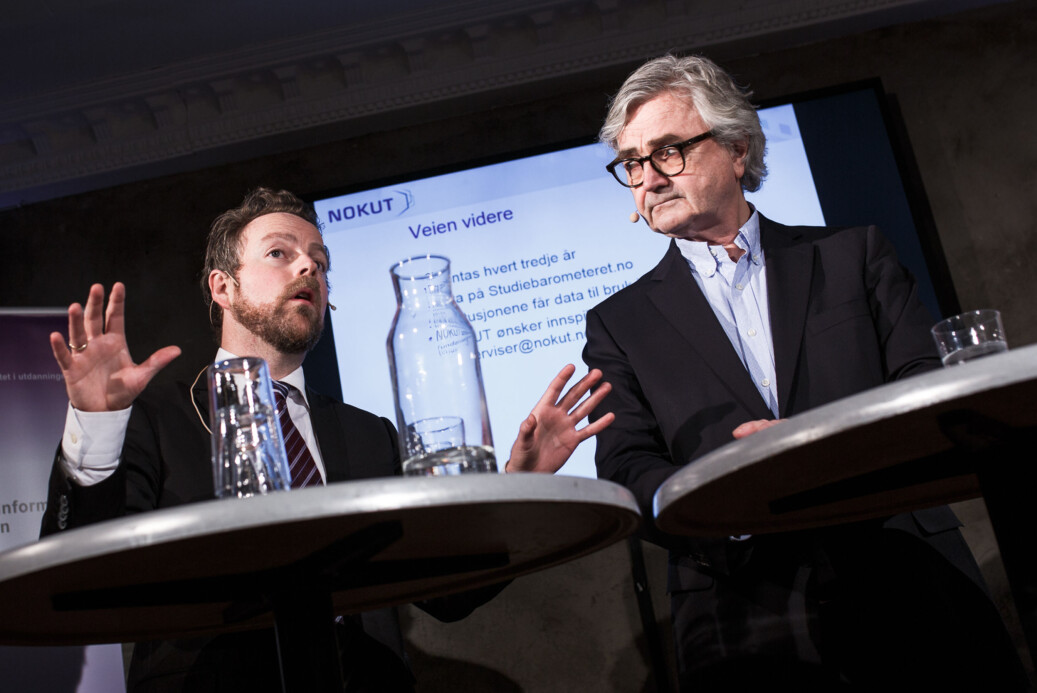 Torbjørn Røe Isaksen, kunnskapsminister, og Petter Aaslestad, leder av Forskerforbundet på framlegging av underviserundersøkelsen. Foto: Nicklas Knudsen Torbjørn Røe Isaksen, kunnskapsminister, og Petter Aaslestad, leder av Forskerforbundet på framlegging av underviserundersøkelsen. Foto: Nicklas Knudsen