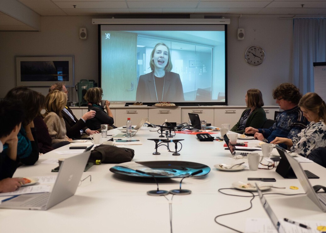 Forskning og høyere utdanningsminister Iselin Nybø var med på video for å markere at høgskolestyret var blitt til universitetsstyre. Foto: Petter Berntsen Forskning og høyere utdanningsminister Iselin Nybø var med på video for å markere at høgskolestyret var blitt til universitetsstyre. Foto: Petter Berntsen