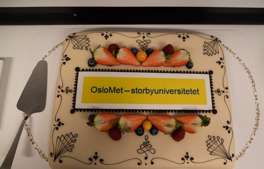 Styreleder Trine Syvertsen og de andre i landets ferskeste universitetsstyre fikk servert kake på torsdagens styremøte. Foto: Petter Berntsen