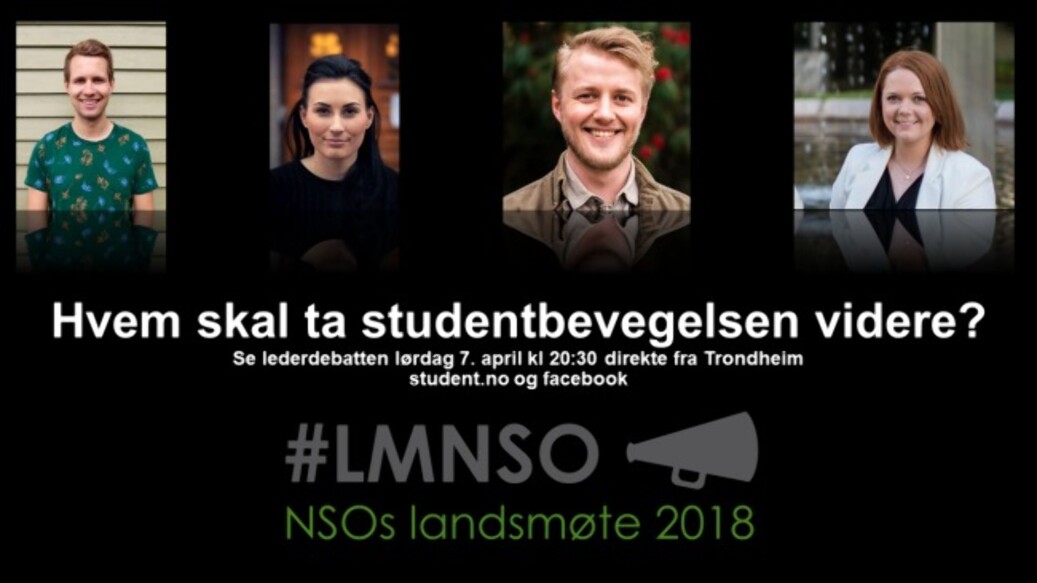 Kai Steffen Østensen fra Agder, Marthe Øien fra NTNU, Håkon Randgaard Mikalsen fra UiB og Ida Austgulen fra det sittende AU og tidligere Høgskolen i Bergen knives om å bli ny leder i Norsk studentorganisasjon. Kai Steffen Østensen fra Agder, Marthe Øien fra NTNU, Håkon Randgaard Mikalsen fra UiB og Ida Austgulen fra det sittende AU og tidligere Høgskolen i Bergen knives om å bli ny leder i Norsk studentorganisasjon.