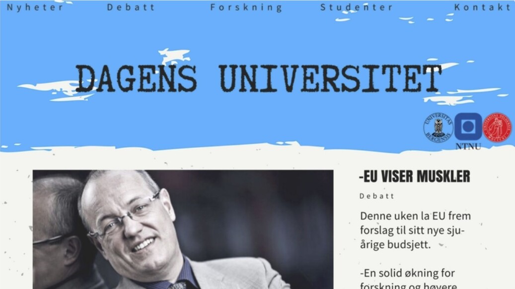 Skjermdump av På Høyden-styrets forslag til forside på «Dagens universitet», deres forslag til nasjonal sektoravis, med NTNU-rektor Gunnar Bovim på fronten. Se hele illustrasjonen nederst i saken. Skjermdump av På Høyden-styrets forslag til forside på «Dagens universitet», deres forslag til nasjonal sektoravis, med NTNU-rektor Gunnar Bovim på fronten. Se hele illustrasjonen nederst i saken.