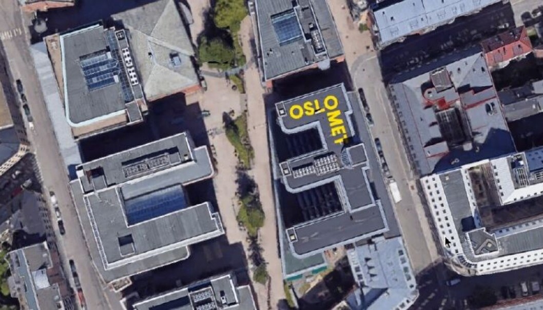 Den største OsloMet-logoen av dem alle blir å finne på taket av Pilestredet 42, hvis OsloMet får det som de vil. Foto: Faksimile byggesøknad Den største OsloMet-logoen av dem alle blir å finne på taket av Pilestredet 42, hvis OsloMet får det som de vil. Foto: Faksimile byggesøknad