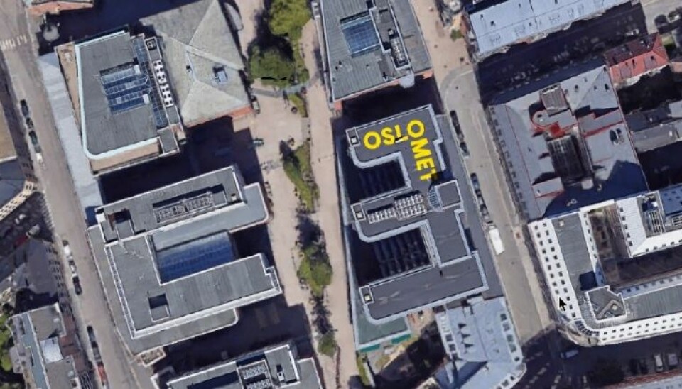 Den største OsloMet-logoen av dem alle blir å finne på taket av Pilestredet 42, hvis OsloMet får det som de vil. Foto: Faksimile byggesøknad