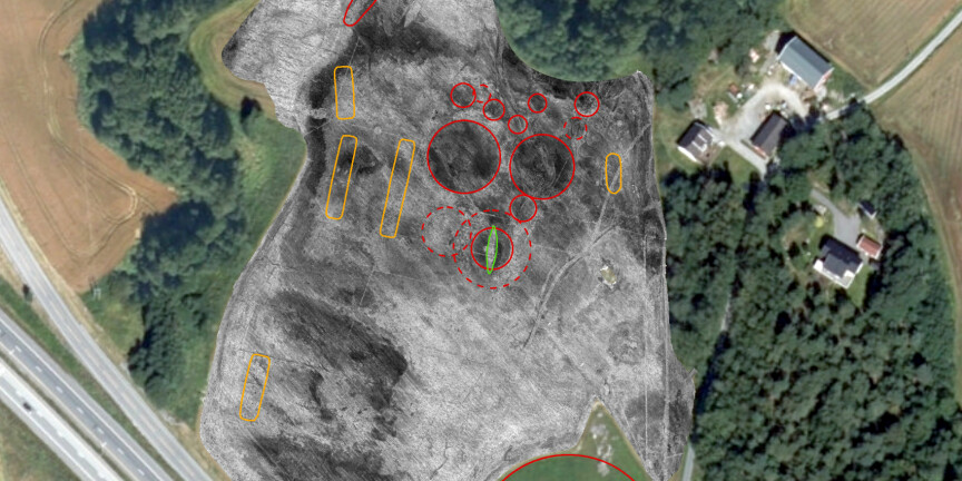 Georadarundersøkelser har avdekket fem langhus, minst 8 gravhauger, og en skipsgrav (grønn markering) ved Jellhaugen i Halden kommune. Foto: NIKU