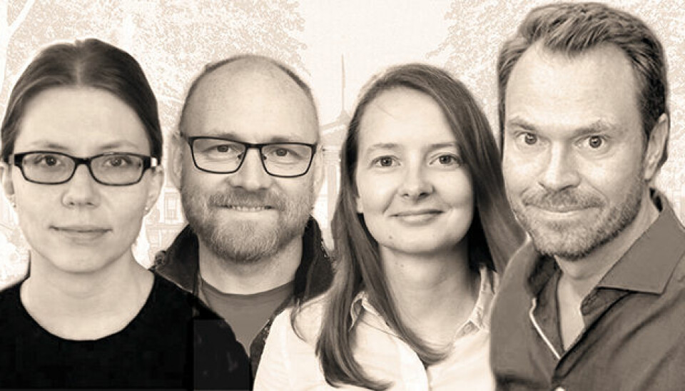 De fire nye ERC Consolidator Grants-vinnerne ved Universitetet i Oslo er (f.v.): Veronique Pouillard, Torkild Hovde Lyngstad, Ingunn Kathrine Wehus og Henrik Daae Zachrisson. Foto: UiO.