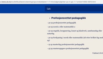 Skjermdump hjemmesidene til UiS, etter at Khrono hadde tatt den aktuelle saken opp med universitetet. Informasjonen er rettet fra ped/spesped eller pedagogikk eller spesialpedagogikk til profesjonsrettet pedagogikk. Skjermdump hjemmesidene til UiS, etter at Khrono hadde tatt den aktuelle saken opp med universitetet. Informasjonen er rettet fra ped/spesped eller pedagogikk eller spesialpedagogikk til profesjonsrettet pedagogikk.