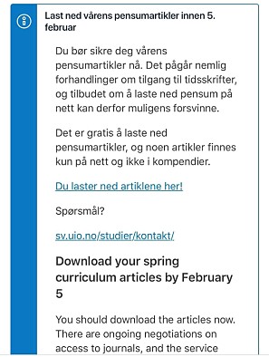 En slik beskjed får studenter ved Samfunnsvitenskapelig faktultet ved Universitetet i Oslo når de logger inn i Canvas. En slik beskjed får studenter ved Samfunnsvitenskapelig faktultet ved Universitetet i Oslo når de logger inn i Canvas.
