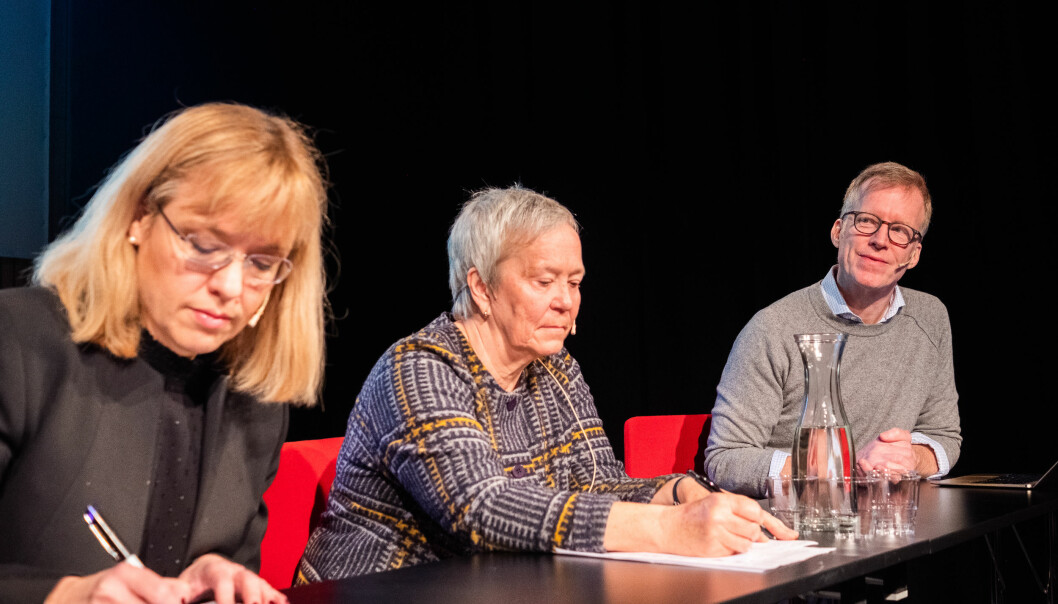 Åse Wetås, Kathrine Skretting, Curt Rice i språkdebatt i Hamar i februar 2019. Foto: Torkjell Trædal