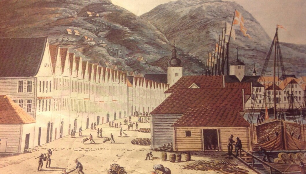 Hanseatenes virksomhet på Bryggen ble viet stor plass i Holbergs bergensbeskrivelse. Her ser vi Bryggen i J. F. L. Dreiers strek fra 1817. Kilde. Spesialsamlingene. UB Bergen