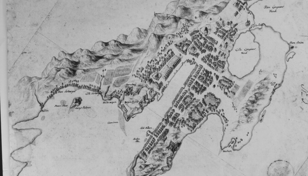 Tegning som viser Bergen ca. 1733. Ukjent kunstner. Kilde: Spesialsamlingene. UB Bergen
