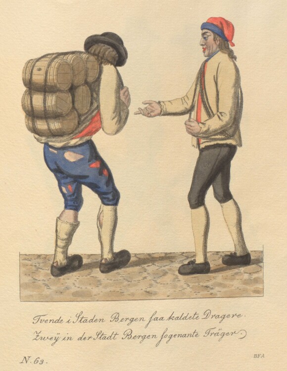 Bergenske bærere i tegnemester J.F.L. Dreiers strek ca. 1810. Kilde: Spesialsamlingene. UB Bergen. Bergenske bærere i tegnemester J.F.L. Dreiers strek ca. 1810. Kilde: Spesialsamlingene. UB Bergen.