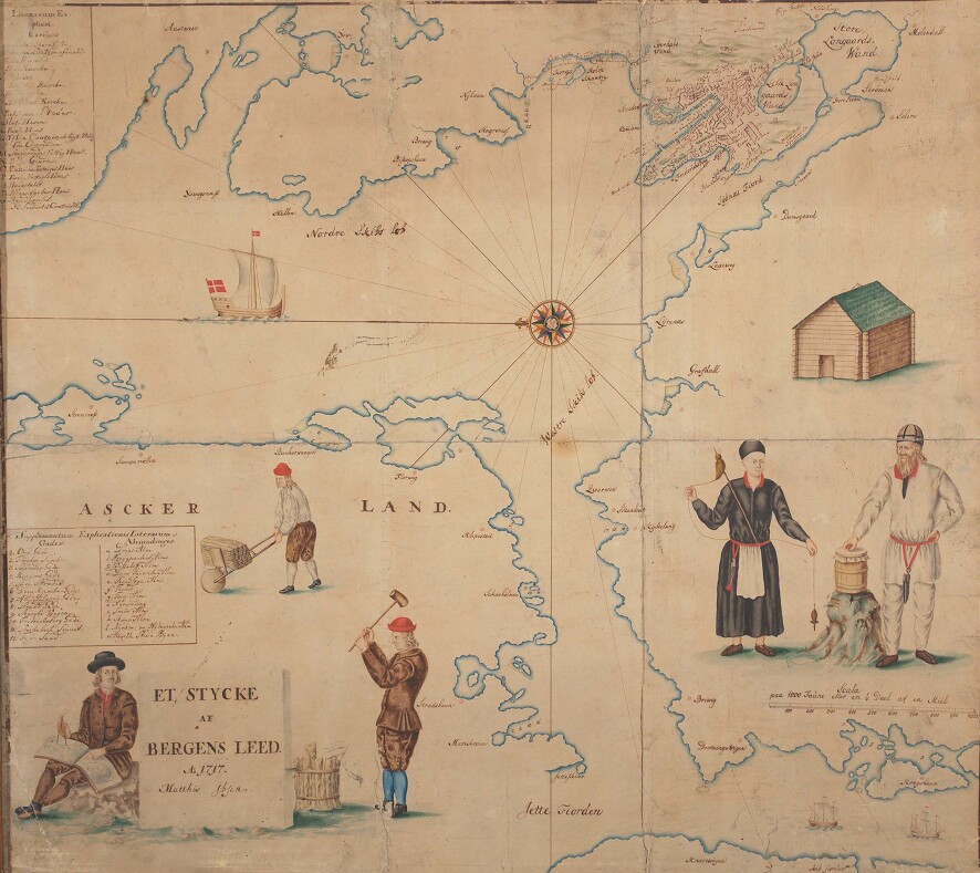 Det bergenske omlandet i en karttegning av Matthias Ibsen fra 1717. Kilde: Universitetsmuseet i Bergen Det bergenske omlandet i en karttegning av Matthias Ibsen fra 1717. Kilde: Universitetsmuseet i Bergen