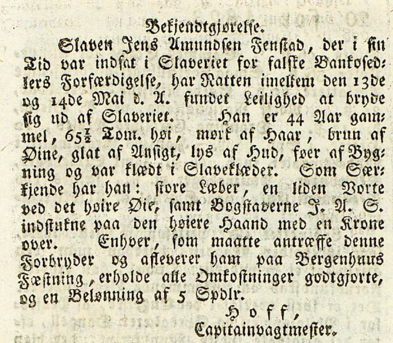 Bergens Adressecontoirs Efterretninger 17.05.1823. Ikke første, men siste gang det er dusør på Fenstad. J. A. S med krone over er tatovert på håndbaken, vanskelig å skjule?