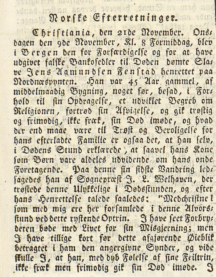 Morgenbladet 1825. Beskrivelse av henrettelsen og litt av Welhavens tale.