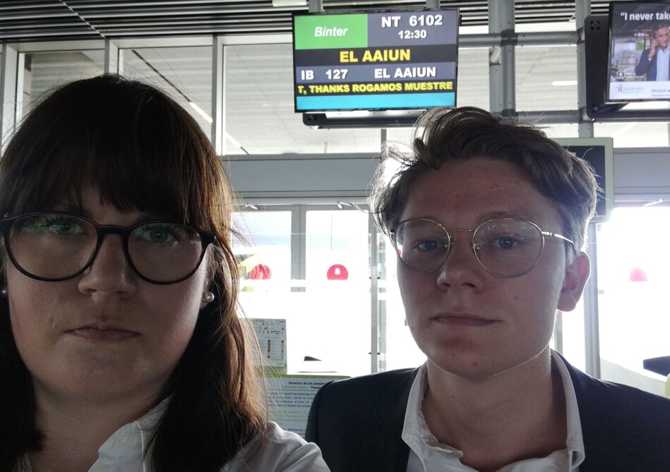 De to jusstudentene fra Universitetet i Bergen, Vegard Fosso Smievoll og Kjersti Brevik Møller, var sendt av Raftostiftelsen for å overvære en rettssak i Vest-Sahara. Foto: Privat De to jusstudentene fra Universitetet i Bergen, Vegard Fosso Smievoll og Kjersti Brevik Møller, var sendt av Raftostiftelsen for å overvære en rettssak i Vest-Sahara. Foto: Privat