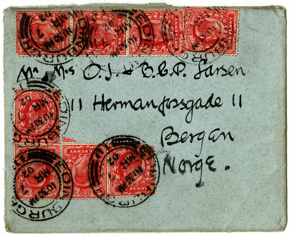 Konvolutt til brev fra Joseph W. Simpson til Ole Johan og Bolette Pavels Larsen, 7. mars 1902.