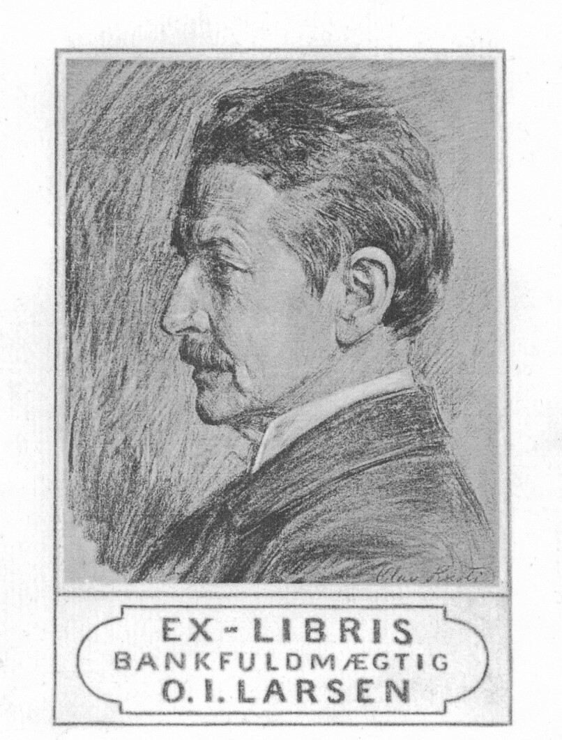 Ex libris for bankfullmektig Ole Johan Larsen, tegnet av Olav Rusti.