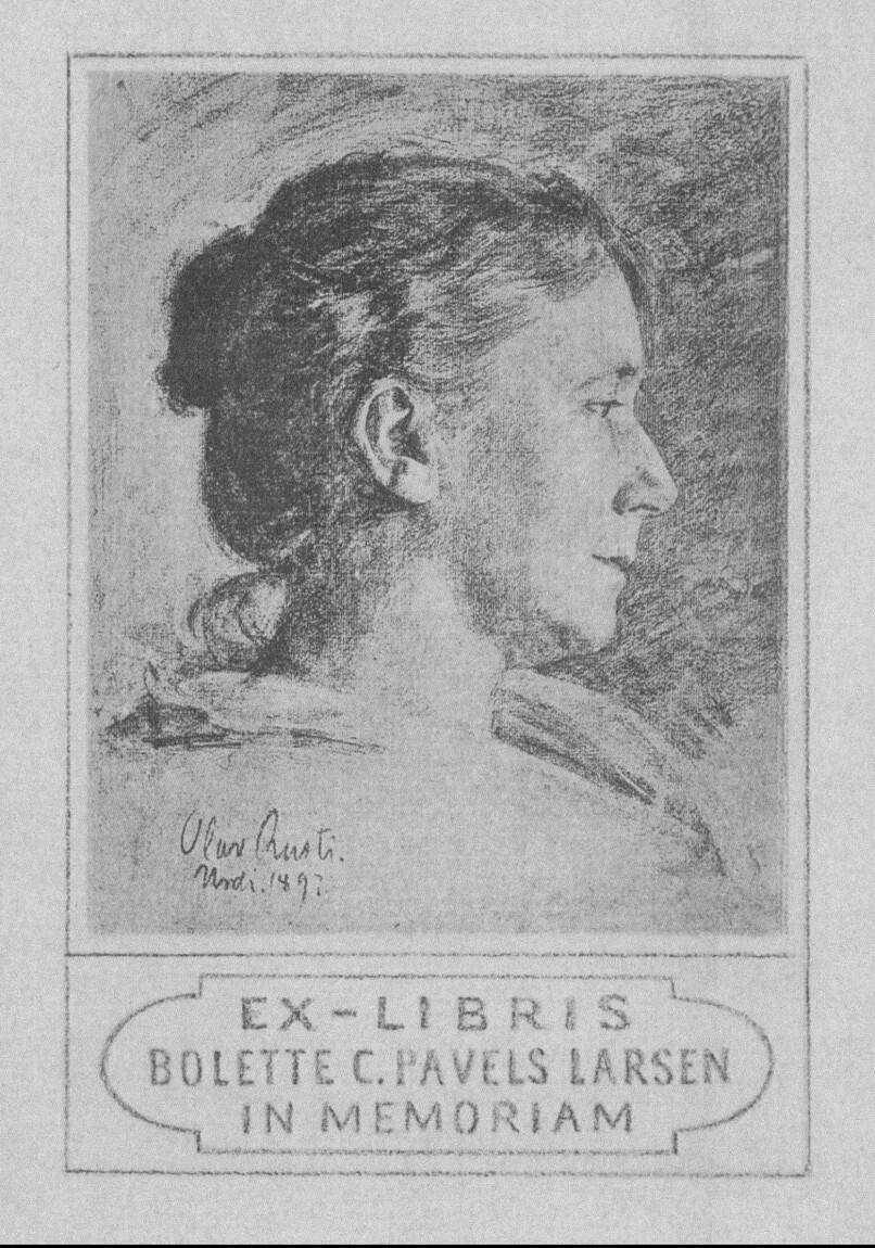 Ex libris for Bolette C Pavels Larsen, tegnet av Olav Rusti.