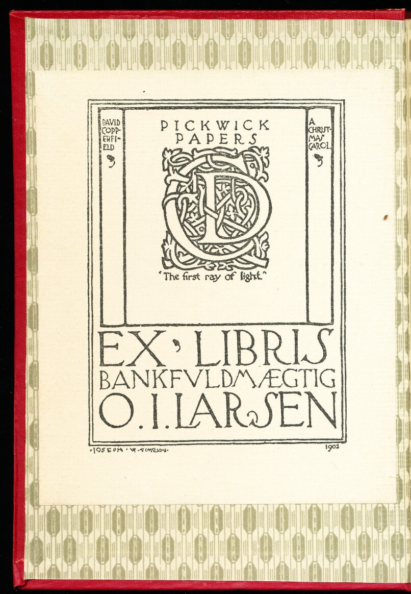 Ex libris for Ole Johan Larsen, laget av Joseph W. Simpson, 1902.