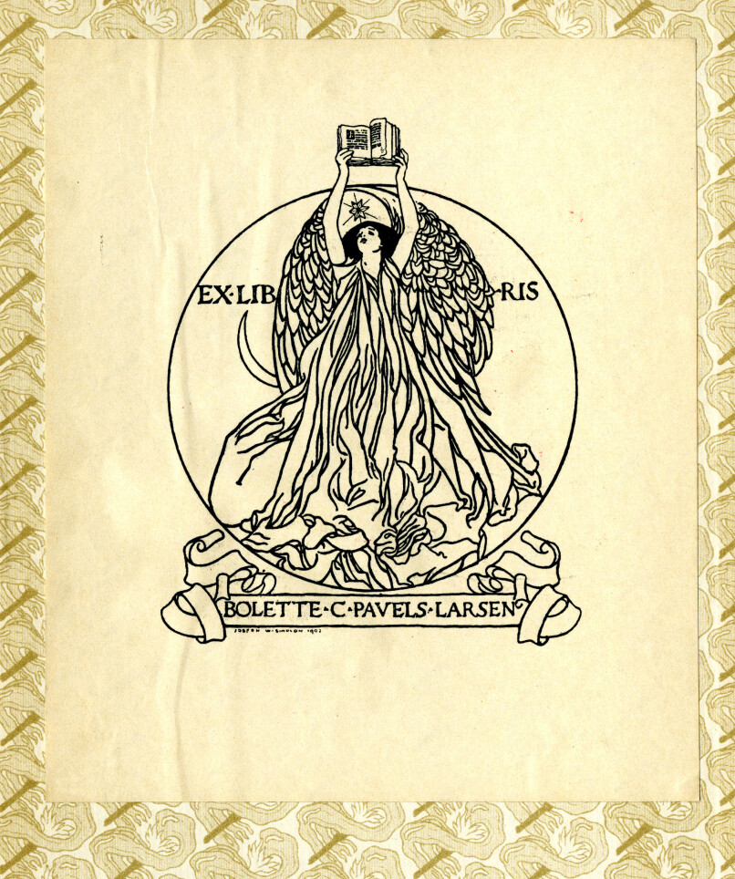 Ex libris for Bolette C Pavels Larsen, laget av Joseph W. Simpson 1902. Fra Bolettes utgave av «The Book of Bookplates».