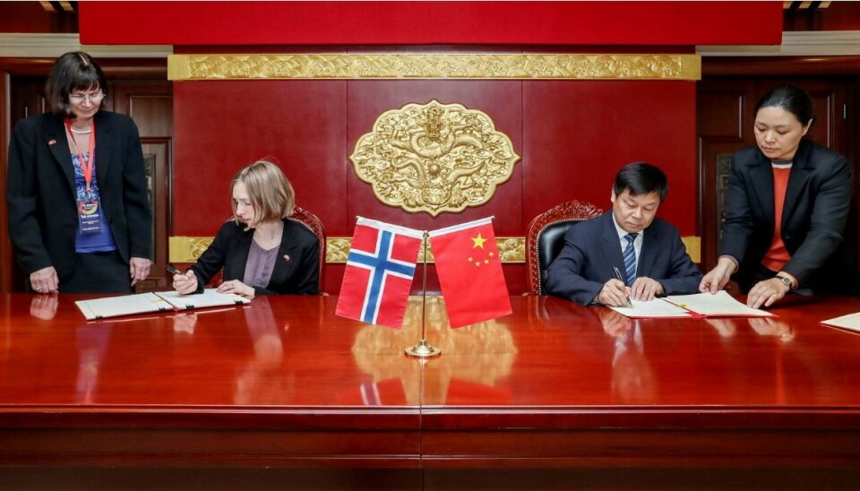 Statsråd Iselin Nybø møtte Kinas viseminister for utdanning, Du Zhanyuan, under en større delegasjonsreise i 2018. Foto: KD