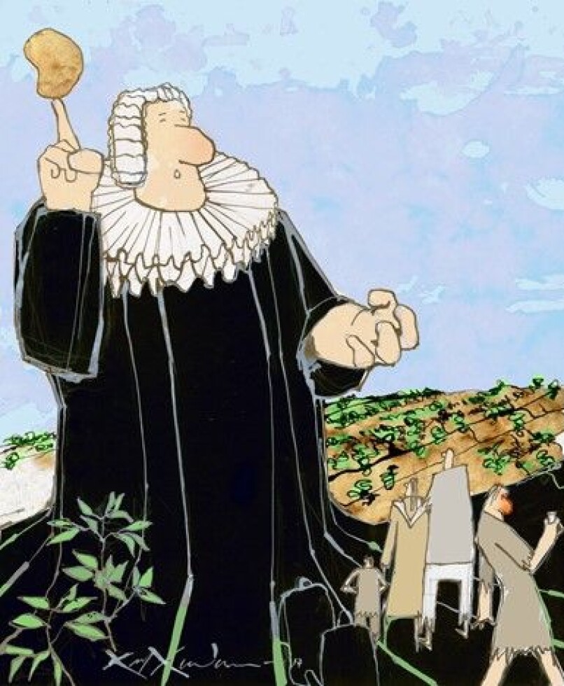 Det var ikke alle som likte at potetprestene kom og fortalte hvordan folk skulle drive jordbruk. Der nøden var størst, ble imidlertid poteten redningen. Illustrasjon: Karl Tore Gundersen.