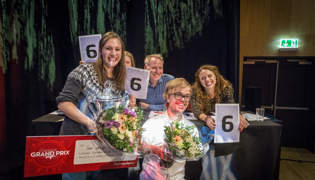 Siri Vatsø Haugum fra Universitetet i Bergen og Didrik Hjertaker Grevskott gikk videre til finalen i Forsker Grand Prix 2019 onsdag kveld. Foto: Tor Farstad Siri Vatsø Haugum fra Universitetet i Bergen og Didrik Hjertaker Grevskott gikk videre til finalen i Forsker Grand Prix 2019 onsdag kveld. Foto: Tor Farstad