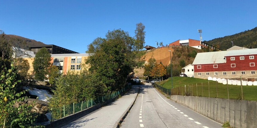 Vegen opp til Høgskulen på Vestlandet sin campus i Sogndal. Foto: Tove Lie