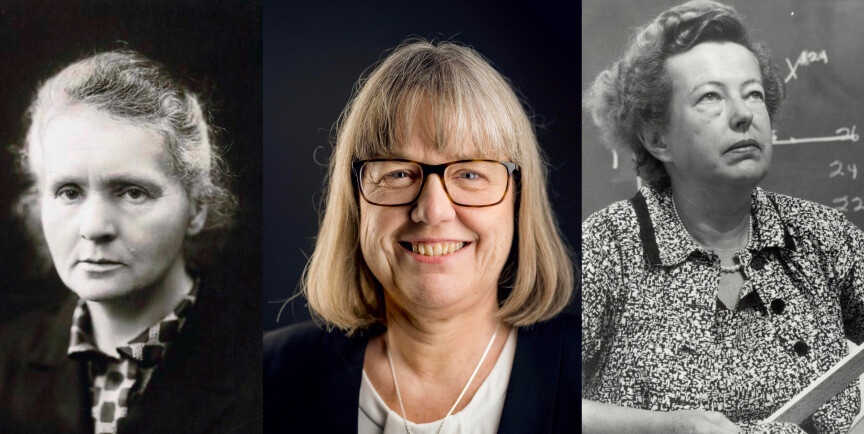 Marie Curie, Donna Strickland og Maria Goeppert Mayer er de eneste kvinnene som har mottatt nobelprisen i fysikk. Foto: Wikimedia Commons, Alexander Mahmoud og Wikimedia Commons