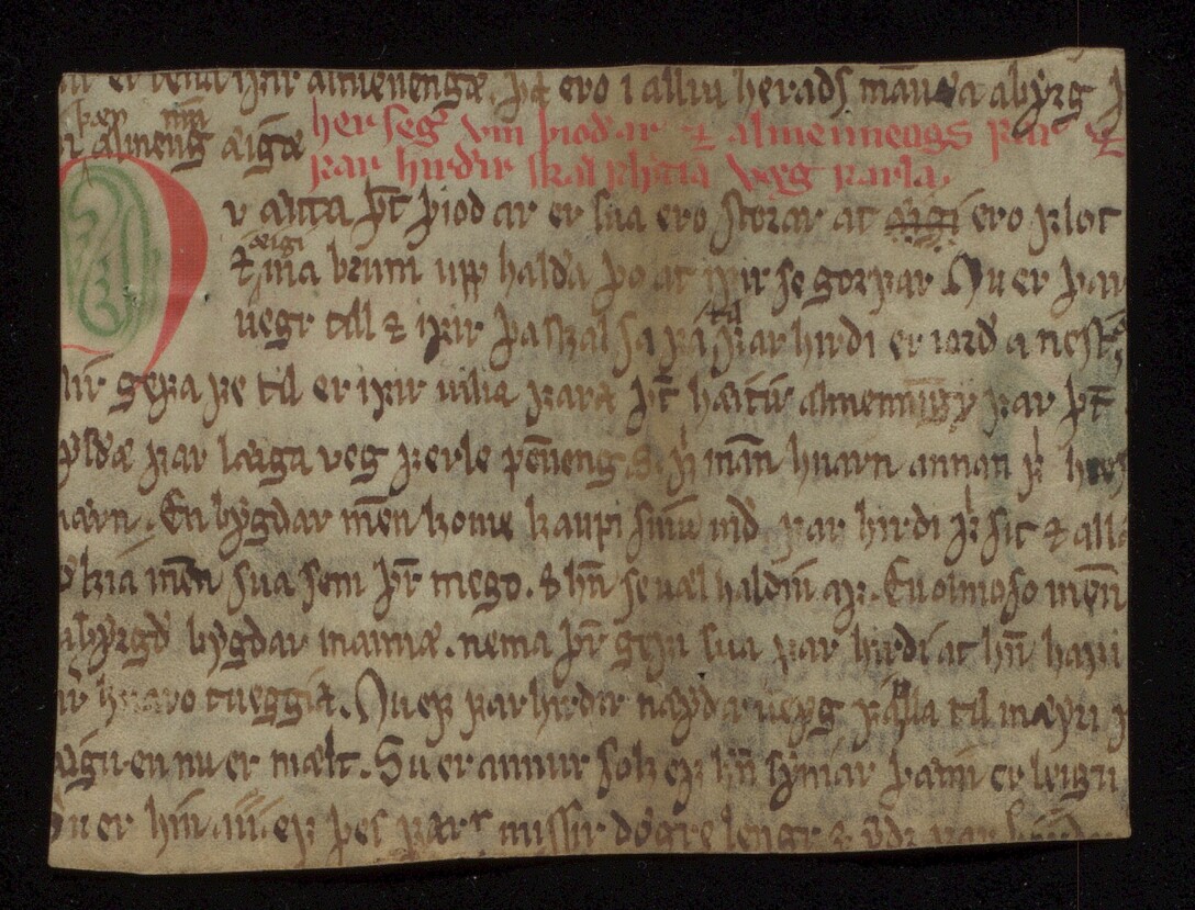 Ett av de to sammenhengende fragmentbiter (ubb-ms-1836-1) av et blad av Magnus Lagabøtes landslov. Kjøpt av Universitetsbiblioteket i Bergen og Nordisk Institutt (nå en del av Institutt for lingvistiske, litterære og estetiske studier) fra Cappelens antikvariat i Oslo i 1981. Ett av de to sammenhengende fragmentbiter (ubb-ms-1836-1) av et blad av Magnus Lagabøtes landslov. Kjøpt av Universitetsbiblioteket i Bergen og Nordisk Institutt (nå en del av Institutt for lingvistiske, litterære og estetiske studier) fra Cappelens antikvariat i Oslo i 1981.
