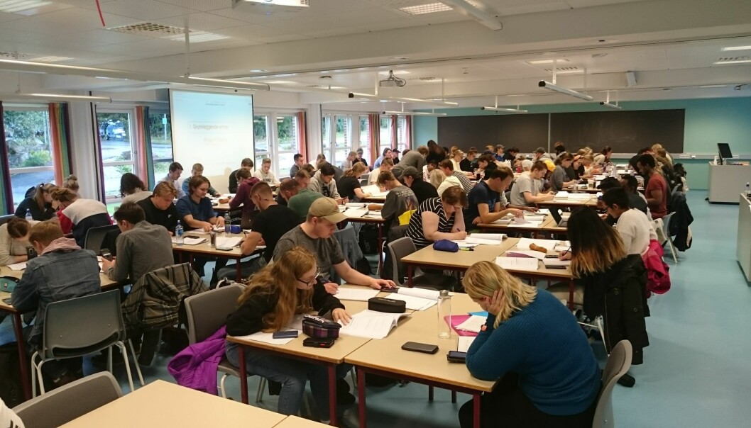 Klasserommene ved Høgskolen i Molde er som oftest fylt til randen med studenter når oppgavene i matematikk skal løses. Foto: Per Kristian Rekdal