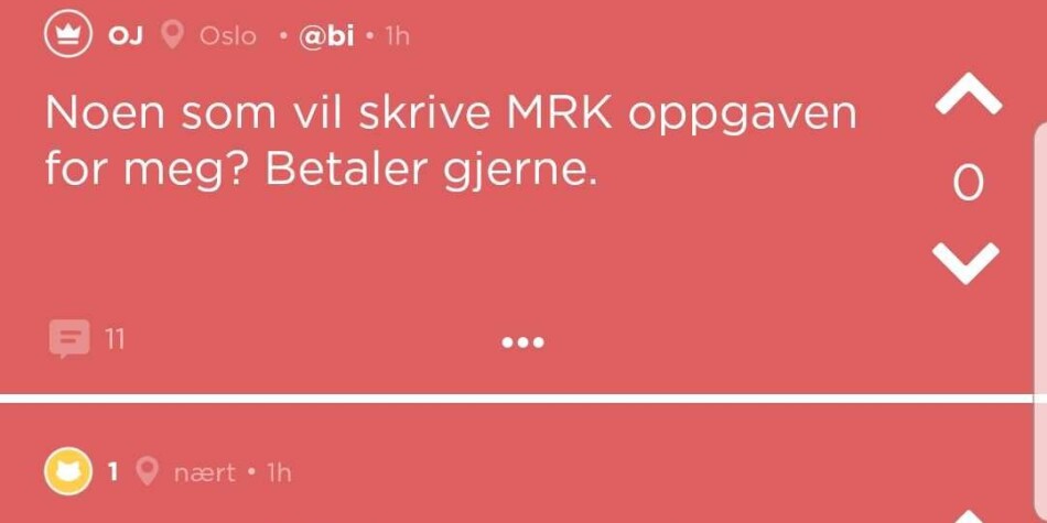 Studenter tilbyr på Jodel å betale for at andre gjennomfører eksamen for dem. I Bergen bekrefter studenter at dette skal ha skjedd. FOTO: Skjermdump Studenter tilbyr på Jodel å betale for at andre gjennomfører eksamen for dem. I Bergen bekrefter studenter at dette skal ha skjedd. FOTO: Skjermdump