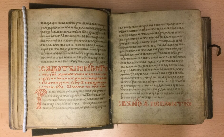 Avsnitt fra Matteus evangeliet som skulle leses i løpet av Pinsen ifølge Arkhangelskevangeliet.