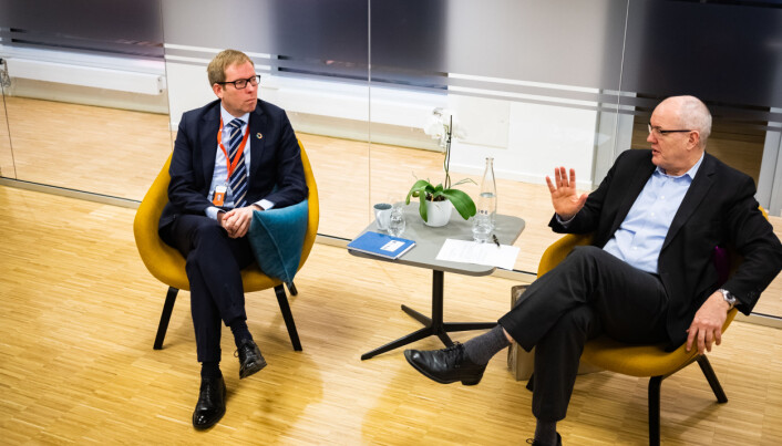 Frokostsamtale mellom Håkon Haugli og Gunnar Bovim, henholdsvis direktør og styreleder i Innovasjon Norge, forrige uke. Foto: Torkjell Trædal
