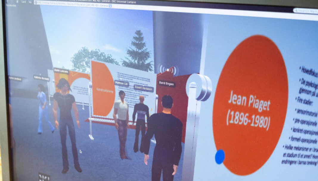 Slik kan det se ut dersom man inviterer studentene med seg inn i et virtuelt auditorium, men det er en rekke andre enklere løsninger som kan velges. Foto: Torkjell Trædal. Slik kan det se ut dersom man inviterer studentene med seg inn i et virtuelt auditorium, men det er en rekke andre enklere løsninger som kan velges. Foto: Torkjell Trædal.
