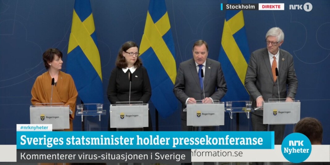 Forskning- og høyere utdanningsminister Matilda Ernkrans (t.v.), utdanningsminister Anna Ekst¨röm, statsminister Stefan Löfven og folkehelsedirektør Johan Carlson under pressekonferansen. Forskning- og høyere utdanningsminister Matilda Ernkrans (t.v.), utdanningsminister Anna Ekst¨röm, statsminister Stefan Löfven og folkehelsedirektør Johan Carlson under pressekonferansen.